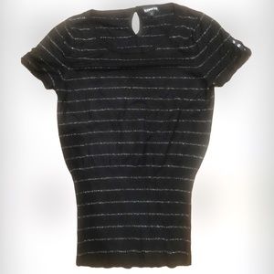 NWOT Express Beautiful Sparkly Metallic Silver Stripe Black Short Sleeve Sweater